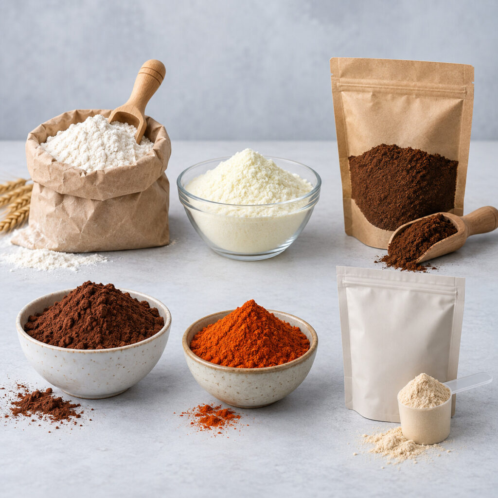 Powder packaging applications for flour, milk powder, coffee, cocoa, spices and protein powder