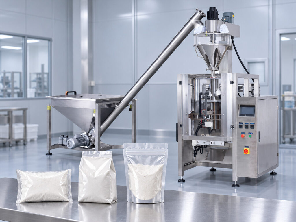Powder packaging machine for pillow bags, gusset bags and premade pouches