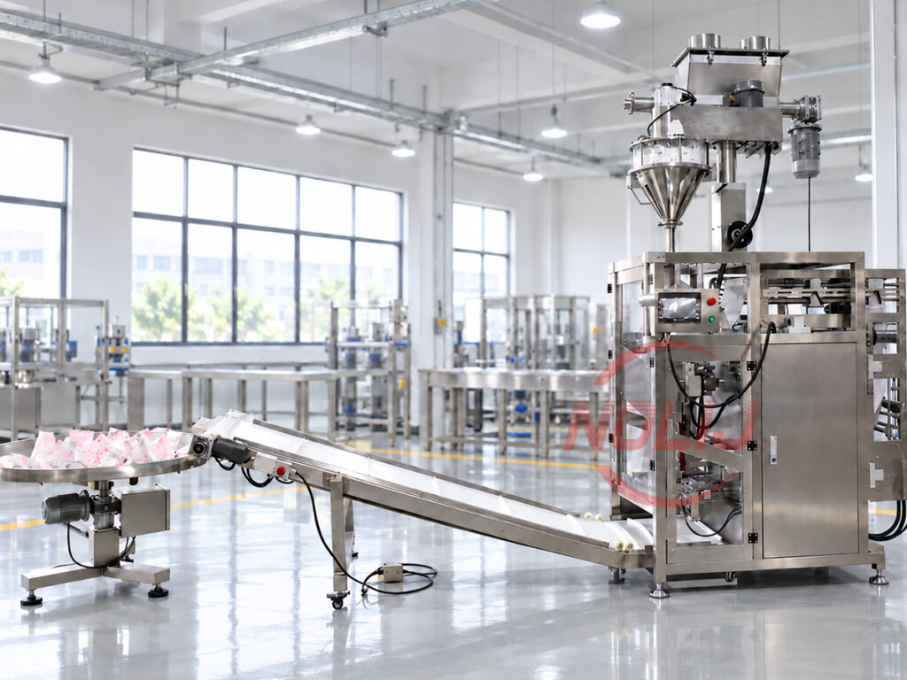 Automatic powder packaging machine with finished bag conveyor