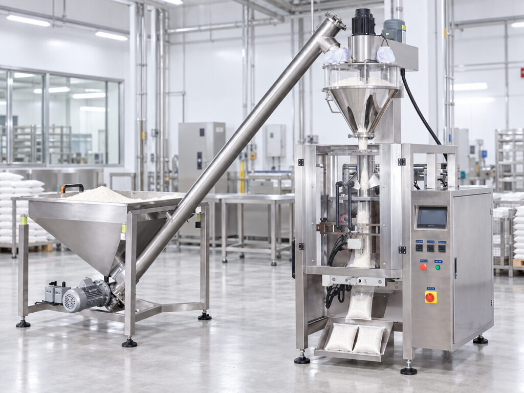 Automatic powder packaging machine with screw conveyor and auger filler
